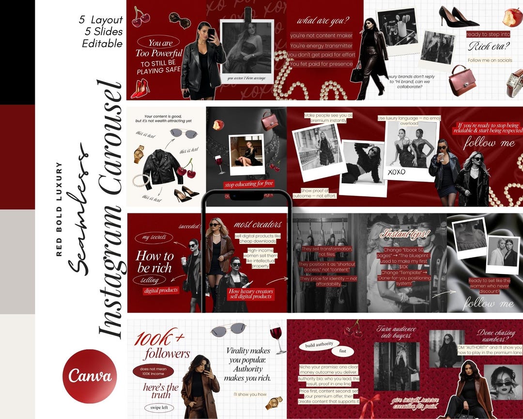 Content Creator Red Bold Luxury Instagram Carousel – Seamless Canva ...