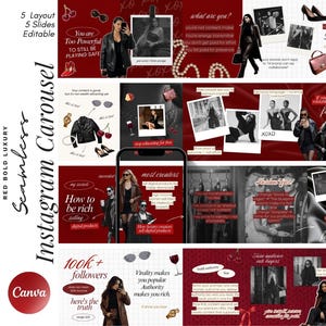 Könnte beinhalten: Eine digitale Marketing-Instagram-Karussellvorlage mit einem rot, schwarz und weiß Farbschema. Das Design umfasst Text, Fotos und Grafiken. Die Wörter "Seamless Instagram Carousel" und "How to be rich selling digital products" sind sichtbar.