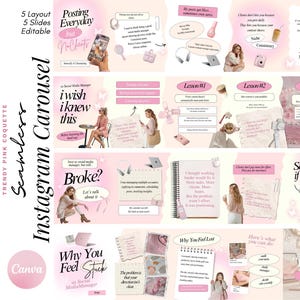 May include: A pink and white Instagram carousel template with the text "Seamless Instagram Carousel" and "Trendy Pink Coquette." The template includes graphics and text about social media management, with the Canva logo.