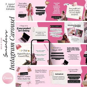 Könnte beinhalten: Ein rosa-weißes Instagram-Karussell-Template mit den Worten "Seamless Instagram Carousel" und "Bold Pink". Die Vorlage enthält Text und Grafiken zu digitalen Produkteinführungen und Online-Präsenz.