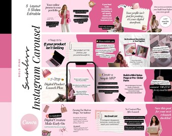 Pode incluir: Um modelo de carrossel Instagram rosa e branco com as palavras "Seamless Instagram Carousel" e "Bold Pink". O modelo inclui texto e gráficos sobre lançamentos de produtos digitais e presença online.