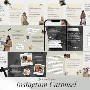 以下が含まれることがあります： テキストと画像を含むデジタルマーケティングカルーセルグラフィック。グラフィックには、「How I Run a Digital Product Business 100% from My Laptop」や「Seamless Instagram Carousel」などのテキストが含まれています。配色は、ベージュと白のトーンのニュートラルです。