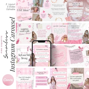 以下が含まれることがあります： 「Pink Coquette」をテーマにしたピンク色のInstagramカルーセルテンプレート。デザインにはテキスト、グラフィック、画像が含まれており、「Run out of UGC Ideas?」や「Seamless Instagram Carousel」などのフレーズがあります。テンプレートは編集可能で、5つのレイアウトと5つのスライドが含まれています。