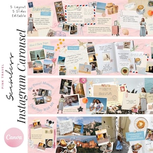 May include: Pink travel-themed Instagram carousel template with five editable layouts. The design includes travel photos, postcards, and text elements. The words "Traveling", "How I Turn Trips", and "The Travel Moments" are visible.