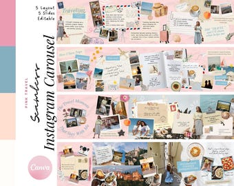 Travel Instagram Carousel Canva Template, Pink Seamless Scrapbook Carousel for Travel Creators, Influencers & Lifestyle Bloggers