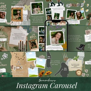 Può includere: Un design di carosello Instagram senza soluzione di continuità nei toni del verde, con foto, testo ed elementi decorativi. Il design include le frasi "Feeling Lost Lately?", "Healing isn't always aesthetic" e "Your 20's Are Not a Race".