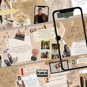 May include: A digital collage featuring a smartphone, laptop, and motivational quotes. Text includes "Collect, Don't Create" and "Go Out." The colour scheme is neutral with brown and beige tones, creating a visually appealing layout.