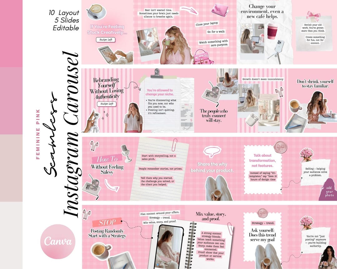 Feminine Pink Instagram Carousel – Seamless Canva Template for Coaches ...