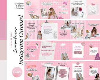 Pode incluir: Um modelo de carrossel Instagram rosa e branco com o texto "Seamless Instagram Carousel" e "Feminine Pink". O modelo inclui vários layouts com texto e imagens, promovendo branding e estratégias de mídia social.