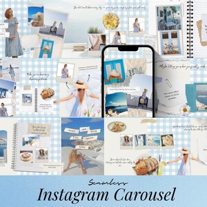 Op de afbeelding: Een naadloos Instagram carrousel ontwerp met een lichtblauwe en witte geruite achtergrond. Het ontwerp bevat foto's, tekst en illustraties met een reisthema. De tekst bevat de woorden "Seamless Instagram Carousel".