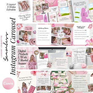 Puede incluir: Una plantilla de carrusel de Instagram rosa y blanco con el texto "Luxury Coquette Seamless Instagram Carousel" y "Canva". La plantilla incluye diseños con fotos, texto y gráficos, ideal para la promoción de la belleza y productos digitales.