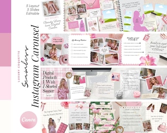 Pode incluir: Um modelo de carrossel do Instagram rosa e branco com o texto "Luxury Coquette Seamless Instagram Carousel" e "Canva". O modelo inclui layouts com fotos, texto e gráficos, ideal para a promoção da beleza e de produtos digitais.