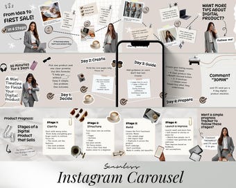 May include: An Instagram carousel graphic with a beige and white color scheme. The graphic provides a 4-step guide to selling digital products, with text and images. The steps include deciding, creating, guiding, and preparing. The graphic also includes the text "From Idea to First Sale!" and "Seamless Instagram Carousel."
