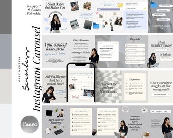 May include: A digital marketing template with a grey neutral color scheme. The design includes six layouts and five editable slides for Instagram. Text includes "Seamless Instagram Carousel", "Your content looks great", and "Canva".