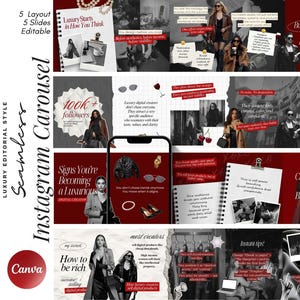 Può includere: Un modello di marketing digitale con una combinazione di colori rosso, bianco e nero. Il design include testo, foto e grafica, con le parole "Instagram Carousel" e "Luxury Editorial Style" visibili. Il modello è progettato per Canva.