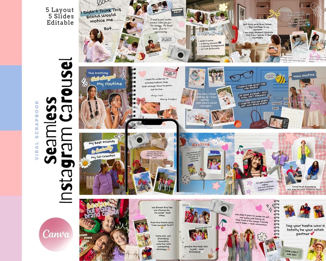 Viral Scrapbook Seamless Instagram Carousel – Canva Template for UGC ...