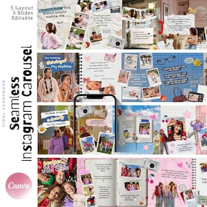 Pode incluir: Um modelo de scrapbook digital com um esquema de cores rosa, azul e branco. O design inclui fotos, texto e elementos decorativos. O texto inclui "Seamless Instagram Carousel" e "5 Layout 5 Slides Editable".