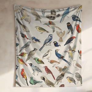 May include: A wall tapestry featuring a collection of various bird illustrations in shades of blue, green, red, and brown against a light background. The birds are depicted in a detailed, artistic style, creating a decorative and nature-inspired piece.
