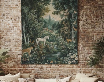 Enchanted forest unicorn Lightweight Printed tapestry, fantasy deer fabric art, mythical creatures home decor, unicorn fans tapestry