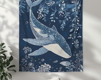 Majestic Whale Lightweight Printed Tapestry For Ocean Lover, Mystical Undersea Wall Art, Coastal Home Wall Decor For Beach House Gift