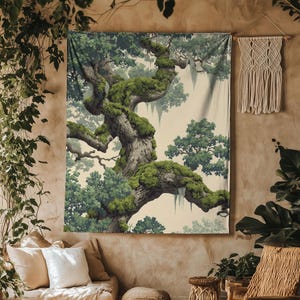 May include: A large tapestry featuring a detailed illustration of a moss-covered tree with sprawling branches. The artwork is predominantly green and brown, with a light beige background. The tapestry is displayed in a cozy, well-lit living space with natural elements.