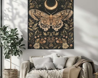 Mystical Moth Lightweight Printed Tapestry Wall Hanging,  Dark Academia Wall Art Tapestry, Bohemian Lunar Moth Home Decor