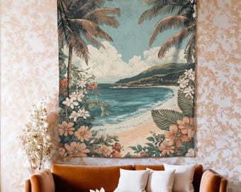 Tropical Beach Lightweight Printed Tapestry Wall Hanging,  Palm Tree Island Landscape Tapestry, Boho Summer Nature Scene Decor