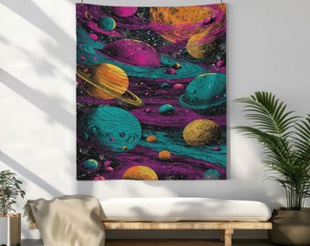 Tapiz ligero estampado con motivos psicodélicos espaciales y coloridos, colgante de pared con planetas vibrantes, decoración cósmica galáctica para entusiastas de la astronomía.