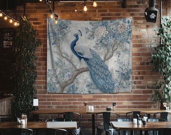 Vintage Peacock Lightweight Printed Tapestry Wall Hanging, Blue Bird Floral Art Decor For Living Room, Chinoiserie Style Bedroom Decoration