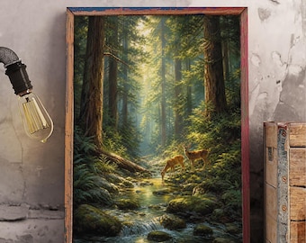 Puede incluir: Una impresión de arte mural rectangular en un marco rojo y azul desgastado que representa una escena de bosque exuberante con árboles altos, un arroyo sobre rocas cubiertas de musgo y dos ciervos bebiendo agua, iluminados por luz solar dorada.