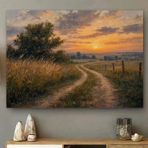 May include: A landscape painting depicting a dirt path winding through a grassy field toward a distant farmhouse at sunset. The sky is filled with orange, yellow, and grey clouds, while a large tree stands on the left side of the composition.