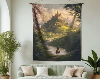 Fantasy Castle Landscape Lightweight Printed Tapestry,  Medieval Kingdom Wall Art, Cottagecore Room Decor, Fairy Tale Wall Tapestry