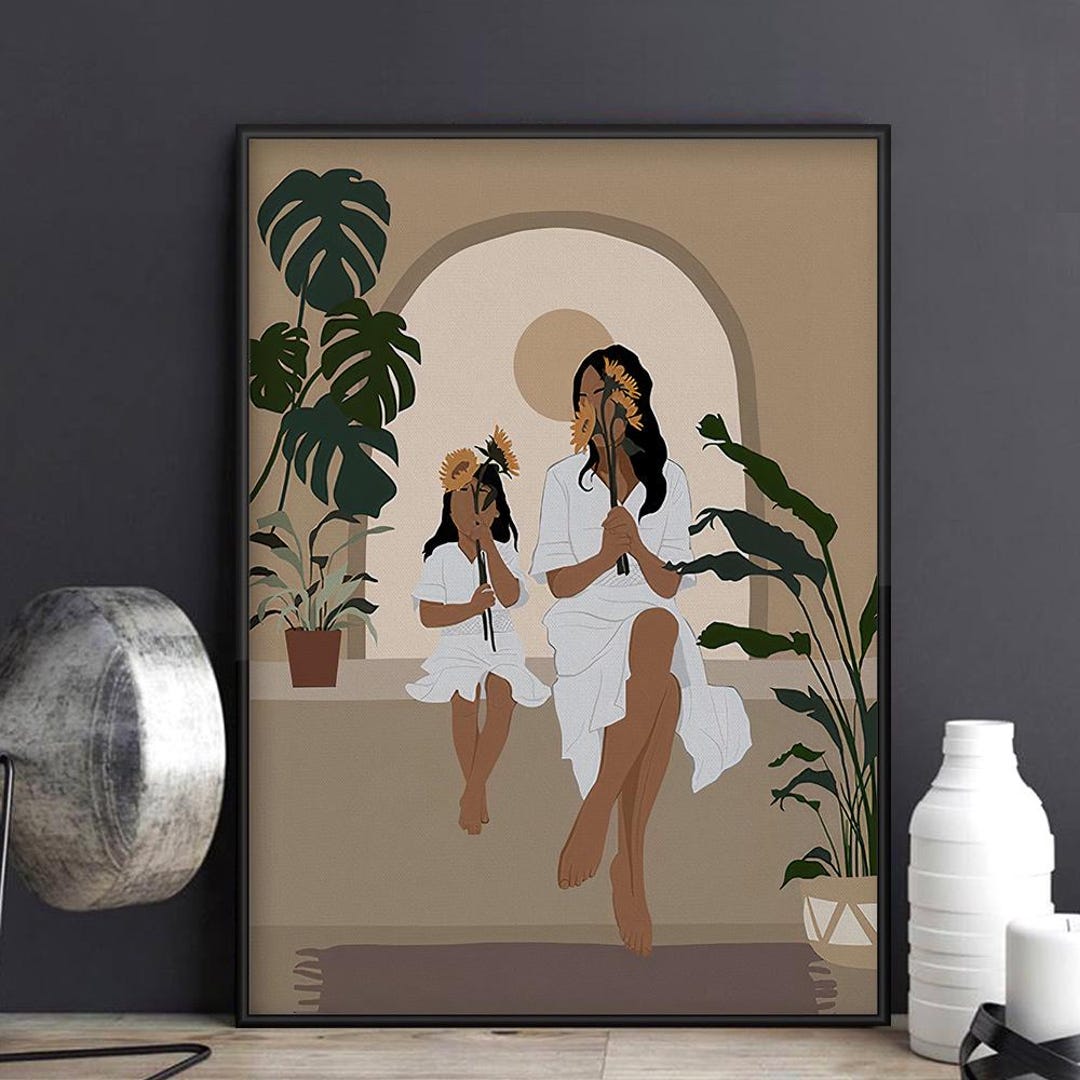 Mother Daughter Boho Art Print, Floral Mom and Girl Wall Decor ...