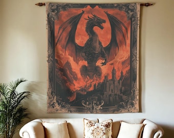 Tapiz ligero con estampado de dragón para decoración de habitaciones de fantasía, tapiz de arte gótico de castillo, decoración de bestias míticas medievales