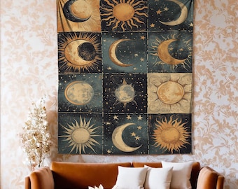 Celestial Moon Sun Lightweight Printed Tapestry,  Boho Astrology Room Decor, Vintage Sun Moon Wall Art, Spiritual Dorm Tapestry
