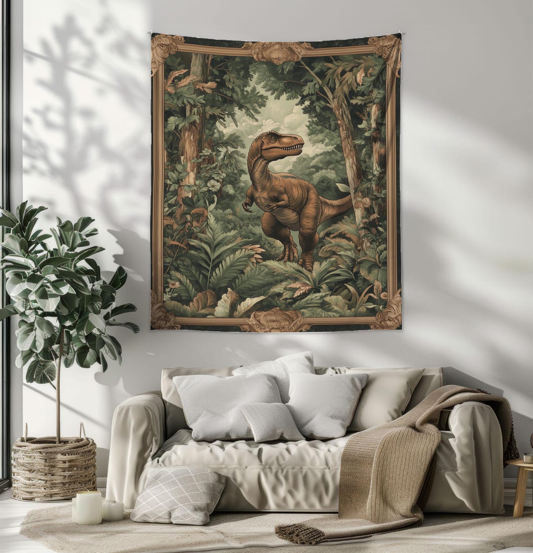 Vintage T Rex Tapestry Wall Hanging, Jurassic Jungle Dinosaur Decor ...