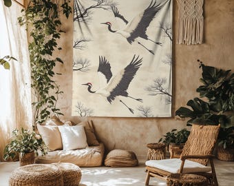 Japanese Crane Lightweight Printed Tapestry Wall Hanging,  Elegant Flying Birds Tapestry, Oriental Nature Inspired Room Decor