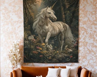 Enchanted Forest Unicorn Lightweight Printed Tapestry, , Mythical Creature Wall Art Decor, Mystical Nature Aesthetic Tapestry