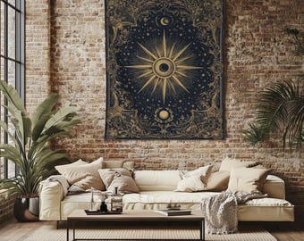Celestial Sun And Moon Lightweight Printed Tapestry, Gold Navy Blue Wall Hanging, Witchy Room Decor, Tarot Card Art, Boho Bedroom Decor