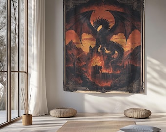 Tapisserie imprimée légère épique dragon foncé, tenture murale, tapisserie de style médiéval gothique pour la décoration de chambre