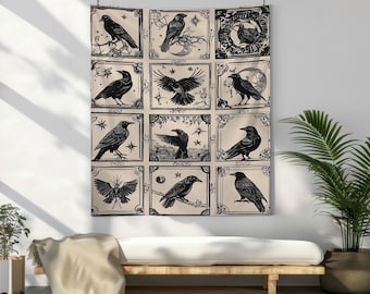 Gothic Crow Art Lightweight Printed Tapestry,  Celestial Dark Academia Wall Decor, Mystical Bird Illustration Tapestry.