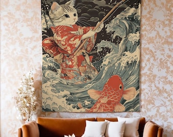 Tapiz ligero con estampado de gato pescador, arte japonés de olas koi, decoración kawaii ukiyo-e de gato, estampado de gato samurái