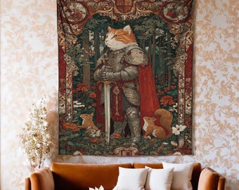 Tapiz estampado ligero de caballero gato medieval, tapiz de pared de gato naranja fantástico con armadura, tapiz de ardillas del bosque, tapiz de pared de animales caprichosos