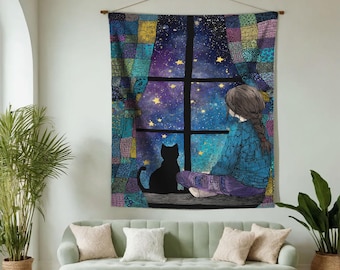 Whimsical Girl And Black Cat Stargazing Lightweight Printed Tapestry, Colorful Patchwork Celestial Night Sky Wall Art