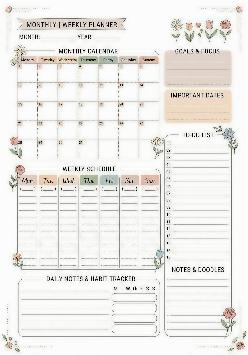 Minimalist Floral Planner Printable A4, Weekly Monthly Planner, Pastel ...