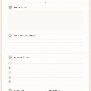 May include: A cream-colored Goal Planner with sections for a main goal, why it matters, action steps, deadline, and progress. The text "Goal Planner" is at the top. The planner includes the quote, "A goal without a plan is just a wish."