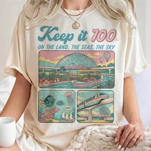 Epcot-inspirerad PNG, Keep It 100-temapark PNG, retro The Land-skjorta, matchande familjesemestertröjor