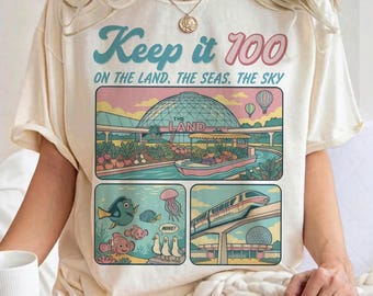 Epcot-inspirerad PNG, Keep It 100-temapark PNG, retro The Land-skjorta, matchande familjesemestertröjor