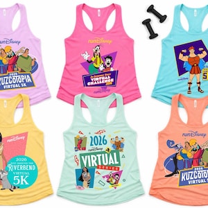 May include: Six colorful racerback tank tops with Disney character graphics. The tops are in shades of pink, blue, yellow, and orange, with the text "runDisney" and "Virtual 5K" on them. Some tops have the text "Kuzcotopia" and "Riverbend".