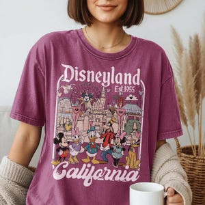 May include: A maroon t-shirt featuring a Disneyland California graphic. The design includes Mickey Mouse, Minnie Mouse, Donald Duck, Daisy Duck, Goofy, and Pluto, along with the Disneyland logo and the text "Est.1955".